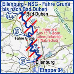 Wasserwanderkarte Etappe 4 Mulde durch das Naturschutzgebiet Nördlich von Eilenburg - ab Eilenburg, Fähre Gruna bis nach Bad Düben