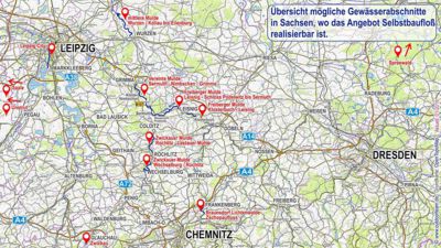 Übersichtskarte von Sachsen - mögliche Gewässerabschnitte und Regionen für Event- Angebot Selbstbaufloß