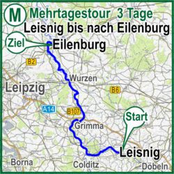 Übersichtskarte Bootsvermietung Mehrtages-Kanutour auf dem Mulde-Fluss - 3 Tage Tour Strecke M Leisnig bis Eilenburg