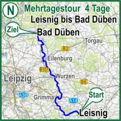 Übersichtskarte Bootsvermietung Mehrtages-Kanutour auf dem Mulde-Fluss - 4 Tage Tour Strecke N Leisnig bis Bad Düben