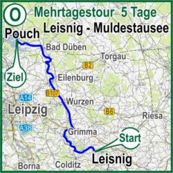Übersichtskarte Bootsvermietung Mehrtages-Kanutour auf dem Mulde-Fluss - 5 Tage Tour Strecke O Leisnig bis Pouch