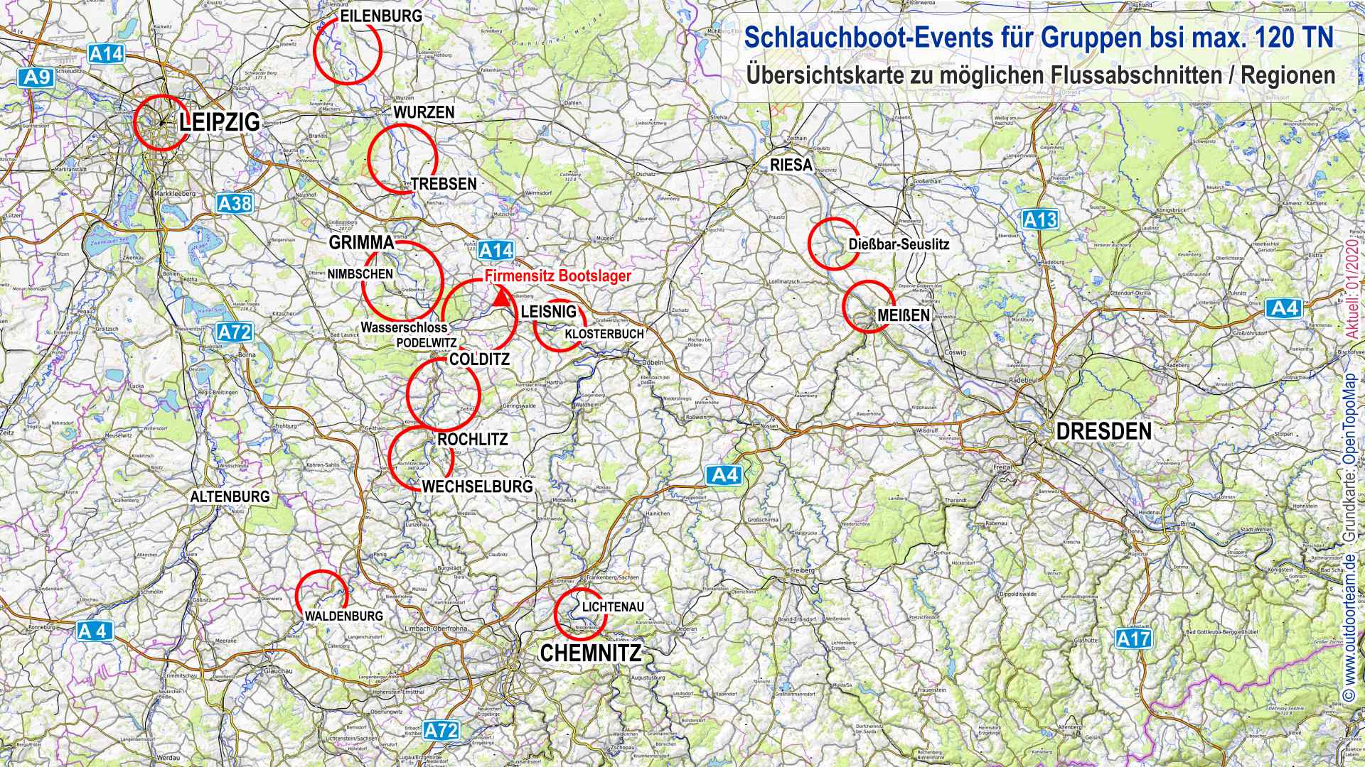 Übersichtskarte Sachsen: Gewässer / Regionen, wo man Events und Firmenaktivitäten per Schlauchboot durchführen kann.