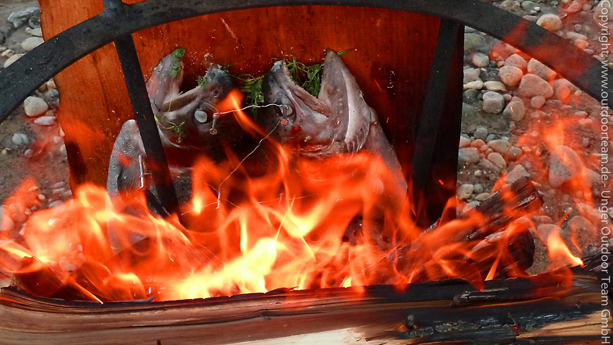 Detailfoto (3) "Feuerlachs" bzw. "Lachs am Brett" - eines unserer "Lagerfeuerküche"-Angebote - Zubereitung am offenen Feuer