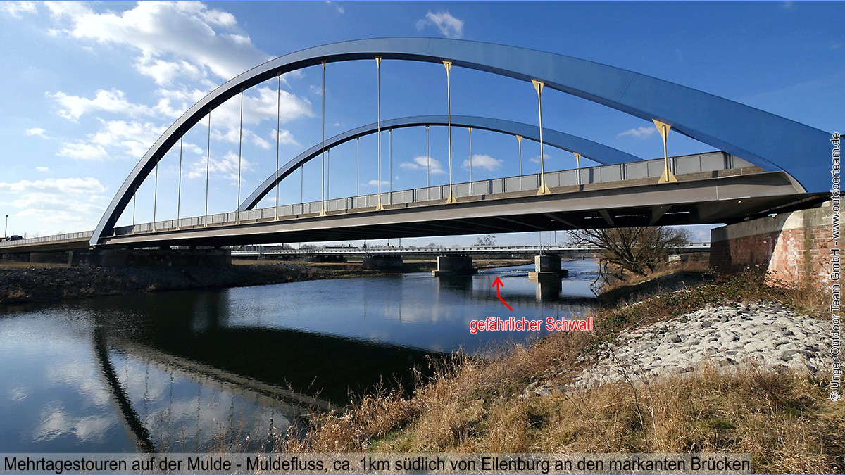 Muldefluss am südlichen Stadtrand von Eilenburg. Markant die Straßen- und Bahnbrücke. Vorsicht!! - unter der zweiten Brücke befindet sich eine steinige Schwallstrecke!