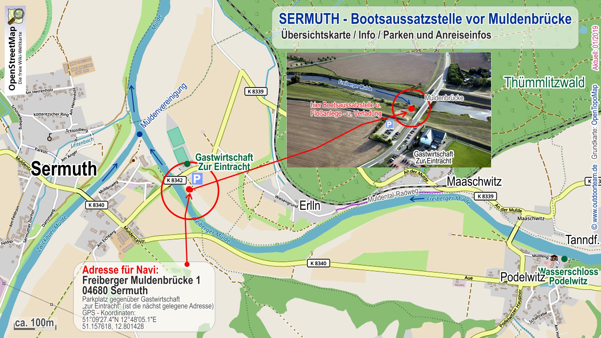 Detailkarte Sermuth nahe der Muldenvereinigung - Koordinaten und Detailplan der Bootsanlegestelle unweit der Gastwirtschaft Zur Eintracht.