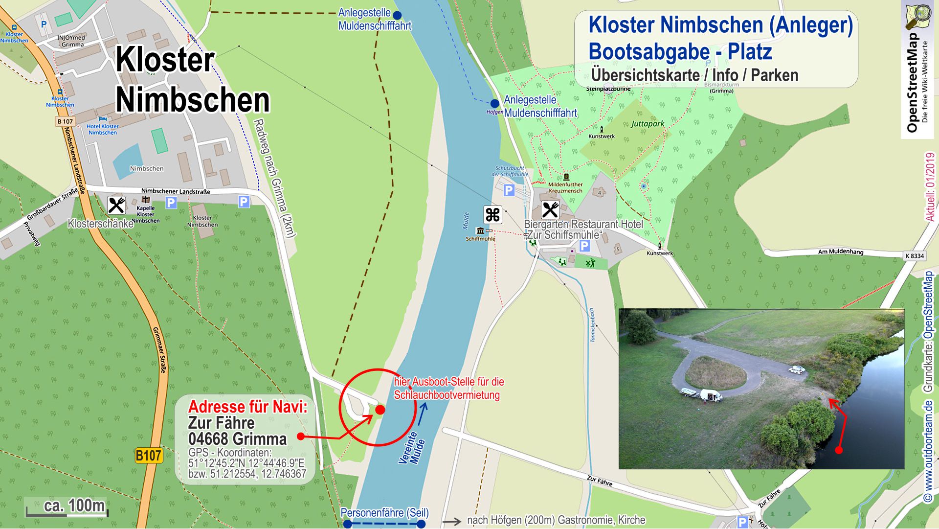 Detailkarte Anlegebereich (linke Uferseite) Kloster Nimbschen und (rechte Uferseite) Hotel und Biergarten Schiffsmühle - von hier sind es noch 2,5 km bis nach Grimma.