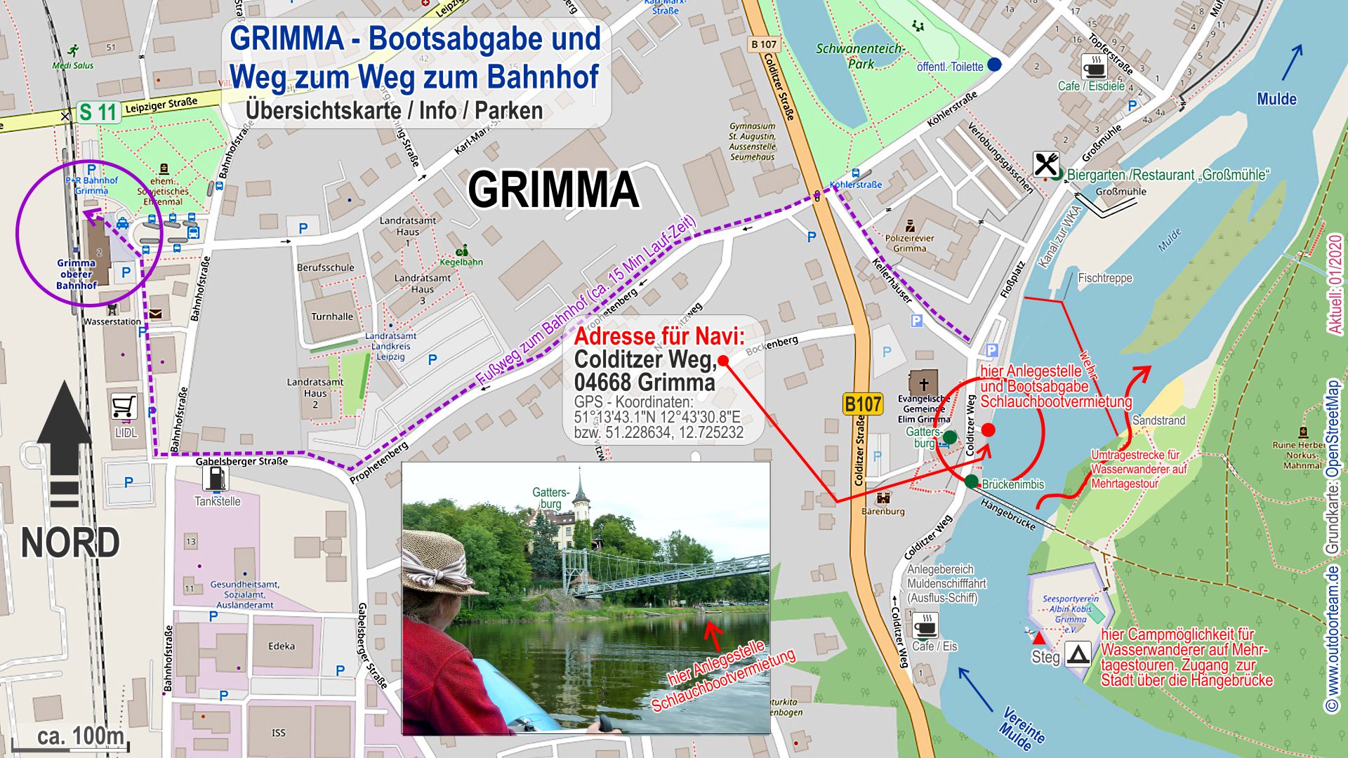 Detailkarte Stadt Grimma - alle Infos zur Übernachtung, Parkplätze, Gastronomie und Umtragehinweise am Stadtwehr.