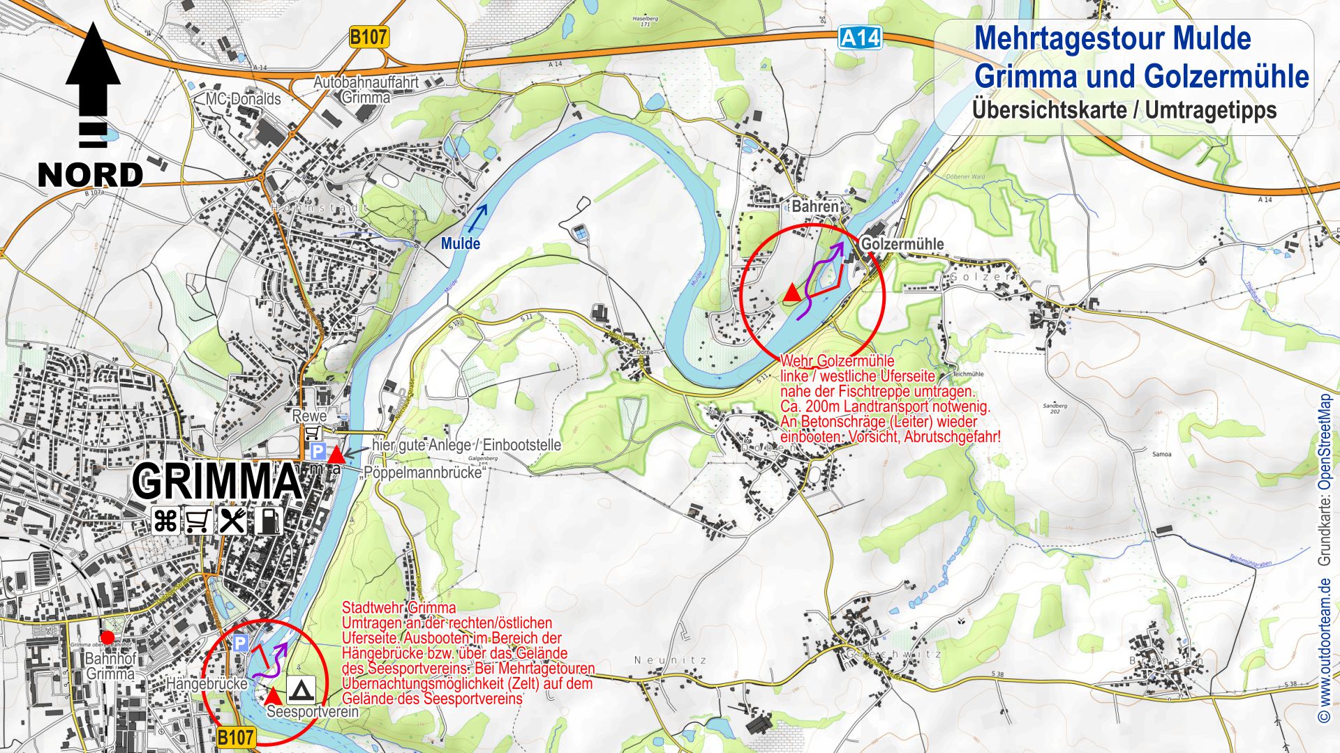 Übersichtskarte Mulde - Stadt Grimma und Wehr Golzermühle mit Umtrage-Infos.
