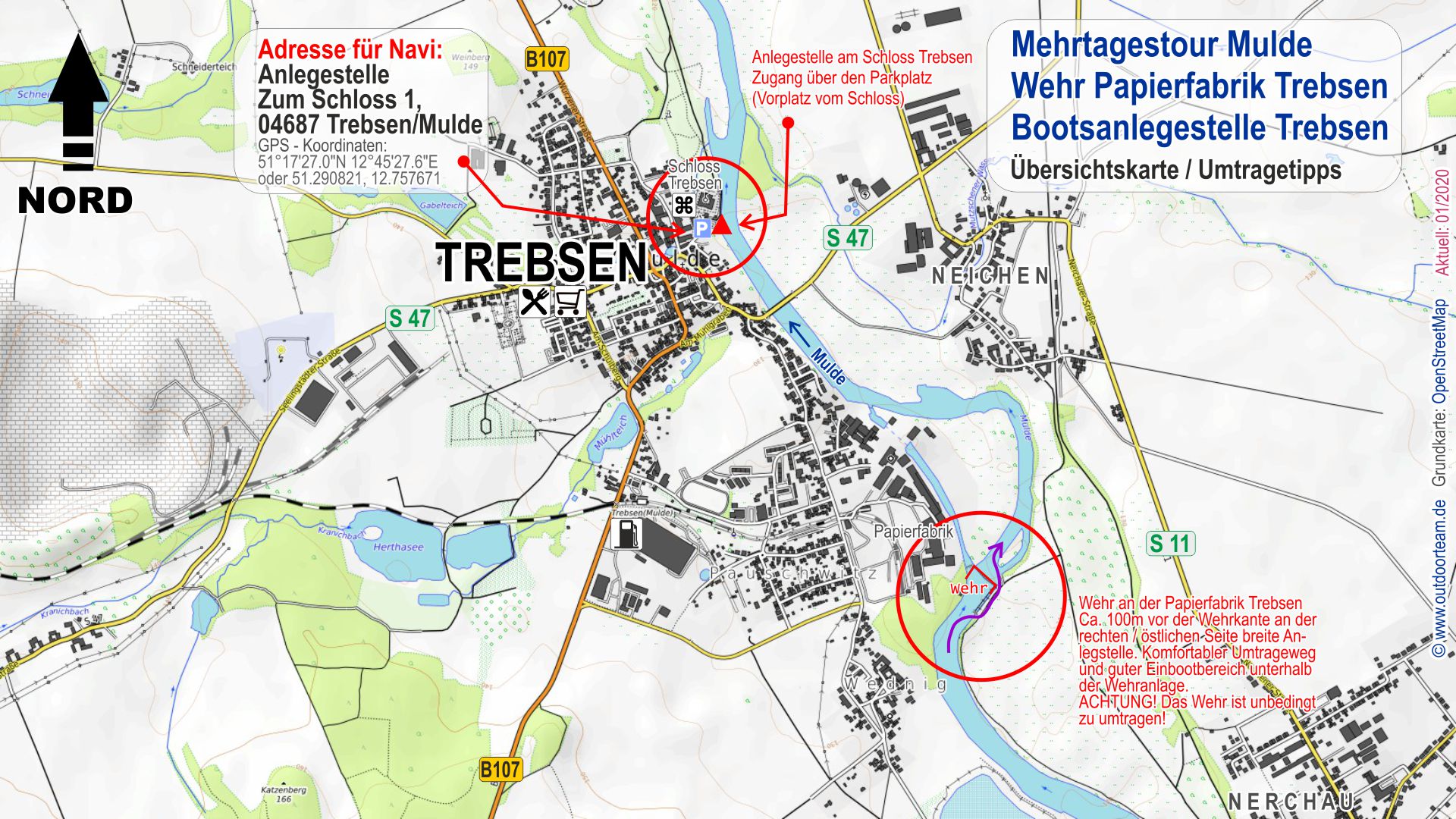 Topo-Karte und Übersichtskarte von Trebsen sowie Umtrageinfos am Wehr nahe der Papierfabrik Trebsen