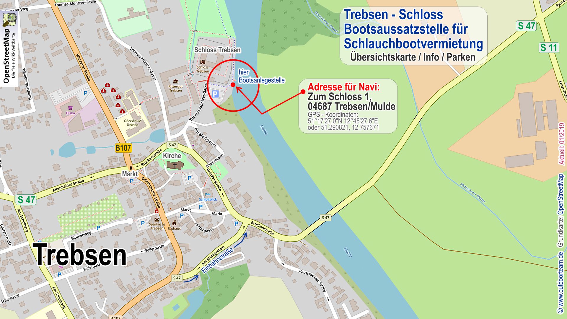 Stadtplan und Detailkarte von Trebsen - Am Parkplatz nahe der Anlegestelle am Schloss erfolgt bei Mietbooten die Bootsabholung.