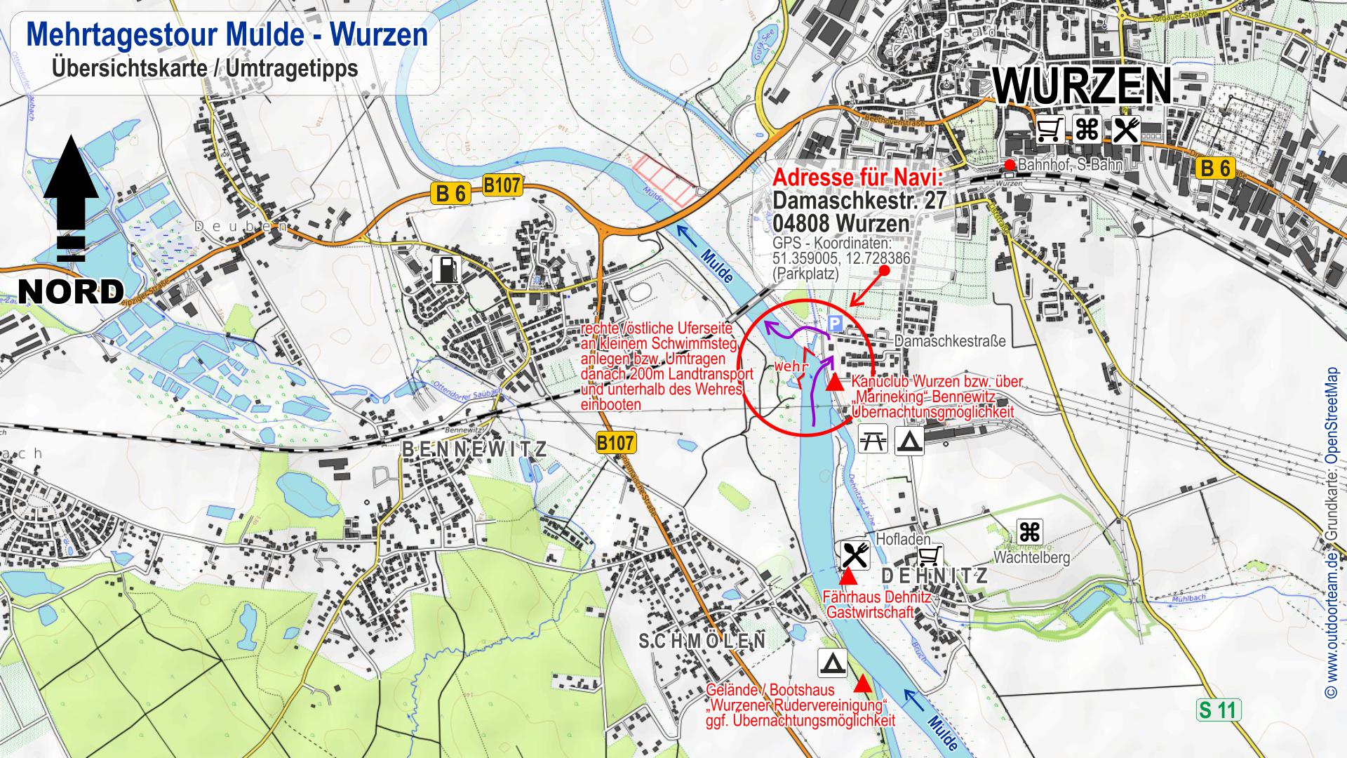 Topografische Übersichtskarte Stadt Wurzen und Mulde - Stadtwehr. Infos zum Umtragen, Biwak bzw. Übernachten, Parken sowie Navi-Adresse