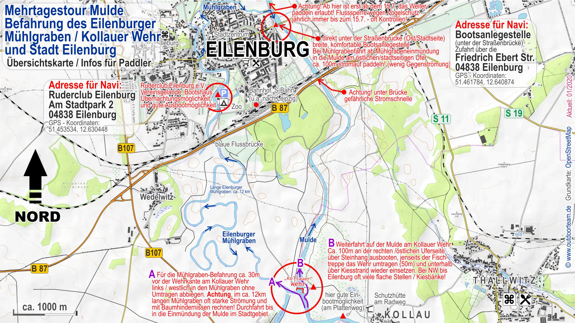 Detailkarte vom Muldefluss und vom Eilenburger Mühlgraben im Bereich Kollauer Wehr und Stadt Eilenburg.