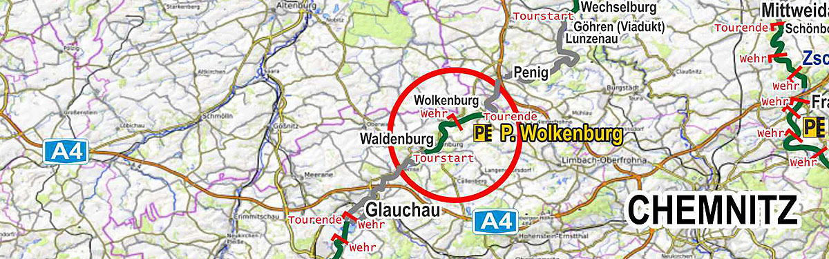 Karte: Wasserwander-Info und Streckenempfehlung für Wasserwanderer - Zwickauer Mulde von Waldenburg bis Wolkenburg
