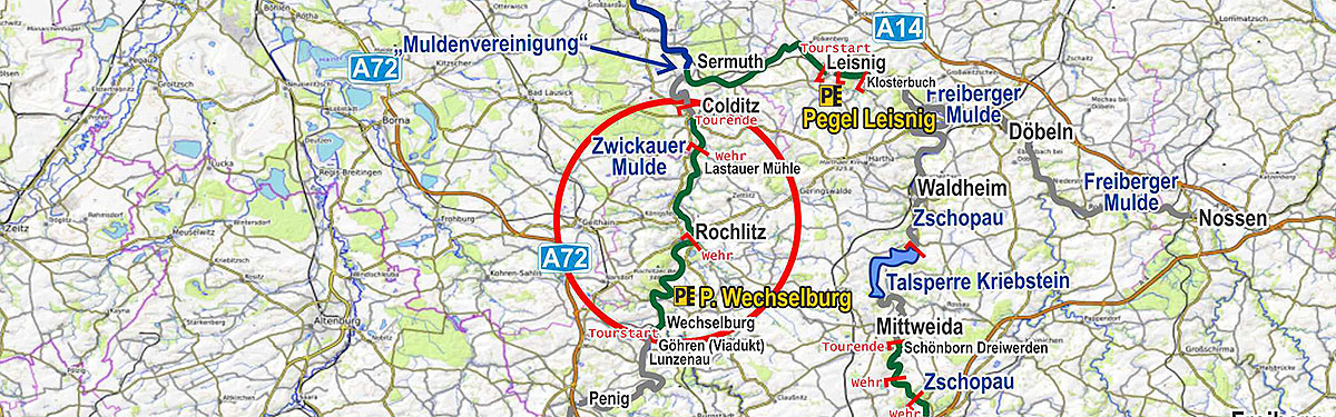 Karte: Wasserwander-Info und Streckenempfehlung für Wasserwanderer - Zwickauer Mulde von Göhren über Wechselburg, Rochlitz bis Colditz