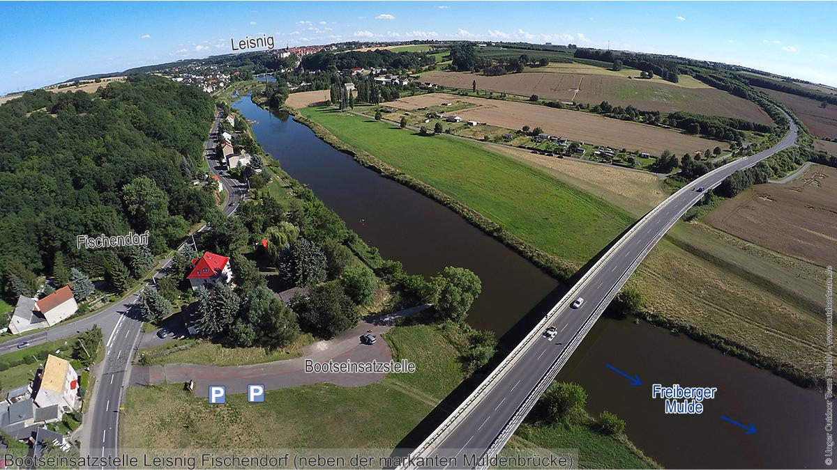 Im Luftbild die öffentliche Bootseinsatzstelle in Leisnig - Fischendorf. Hier kann man sehr gut die Boote in den Fluss einsetzen, aber auch (kostenfrei) parken.