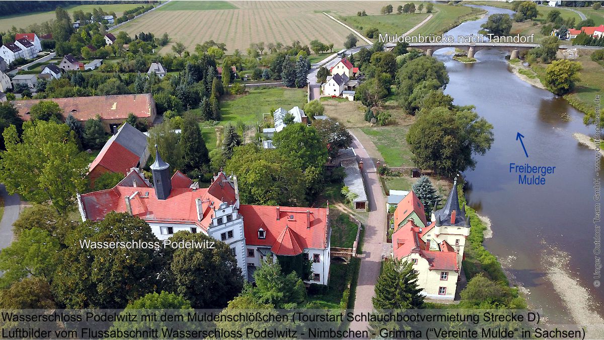 Luftbild vom Wasserschloss Podelwitz an der Freiberger Mulde. Hier lohnt sich eine erste Pause im Biergarten. Es gibt zudem Toiletten, Regenschutz sowie ein Restaurant.