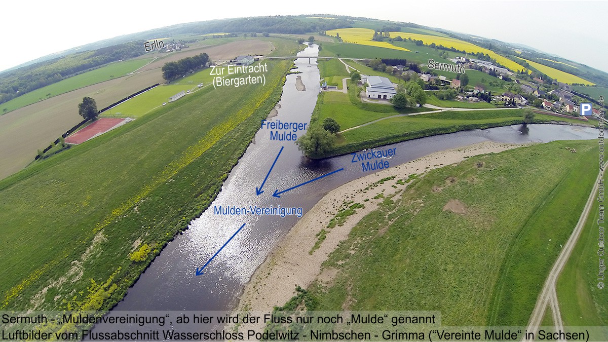 Im Luftbild die Muldenvereinigung, hier kommen die Freiberger Mulde und Zwickauer Mulde zusammen. Fortan trägt der Fluss den Name "Mulde".