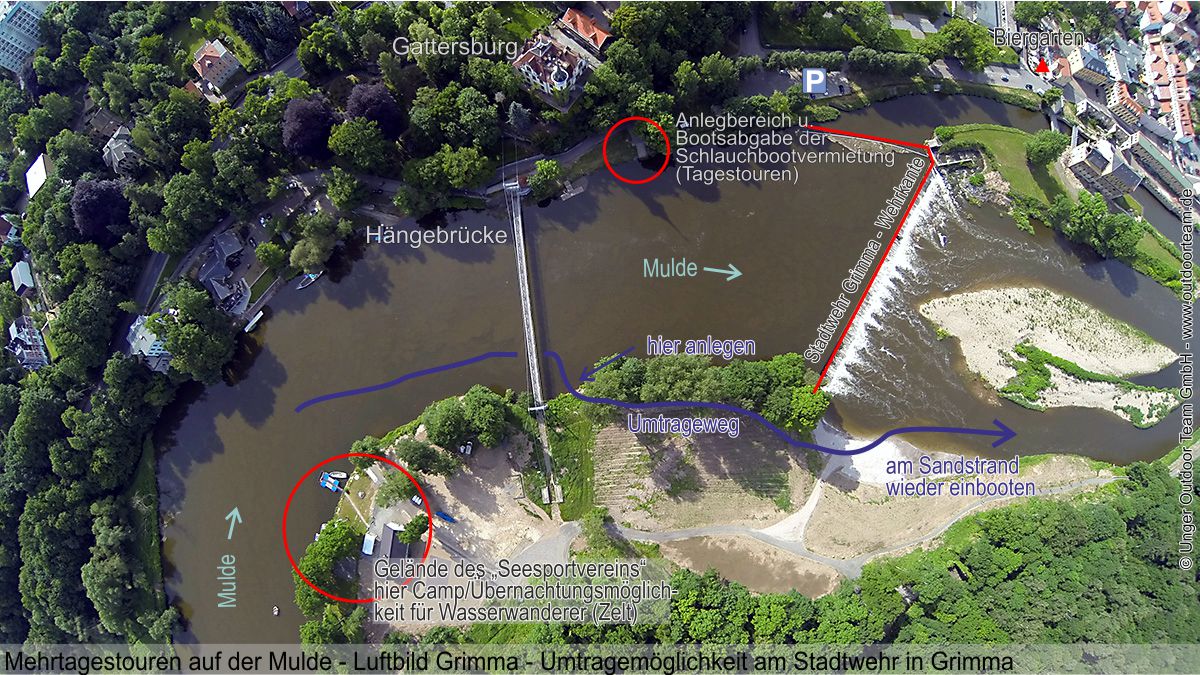 Luftbild: Grimma - Stadtwehr. Markiert ist das Gelände des Seesport-Vereins (Übernachtung) sowie der Umtrageweg (blau) um das Stadtwehr.