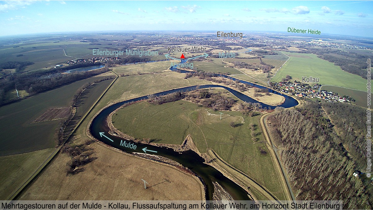 Luftbild vom Mulde - Fluss ca. 3 km südlich vom Kollauer Wehr. Am Horizont ist bereits die Stadt Eilenburg zu sehen.