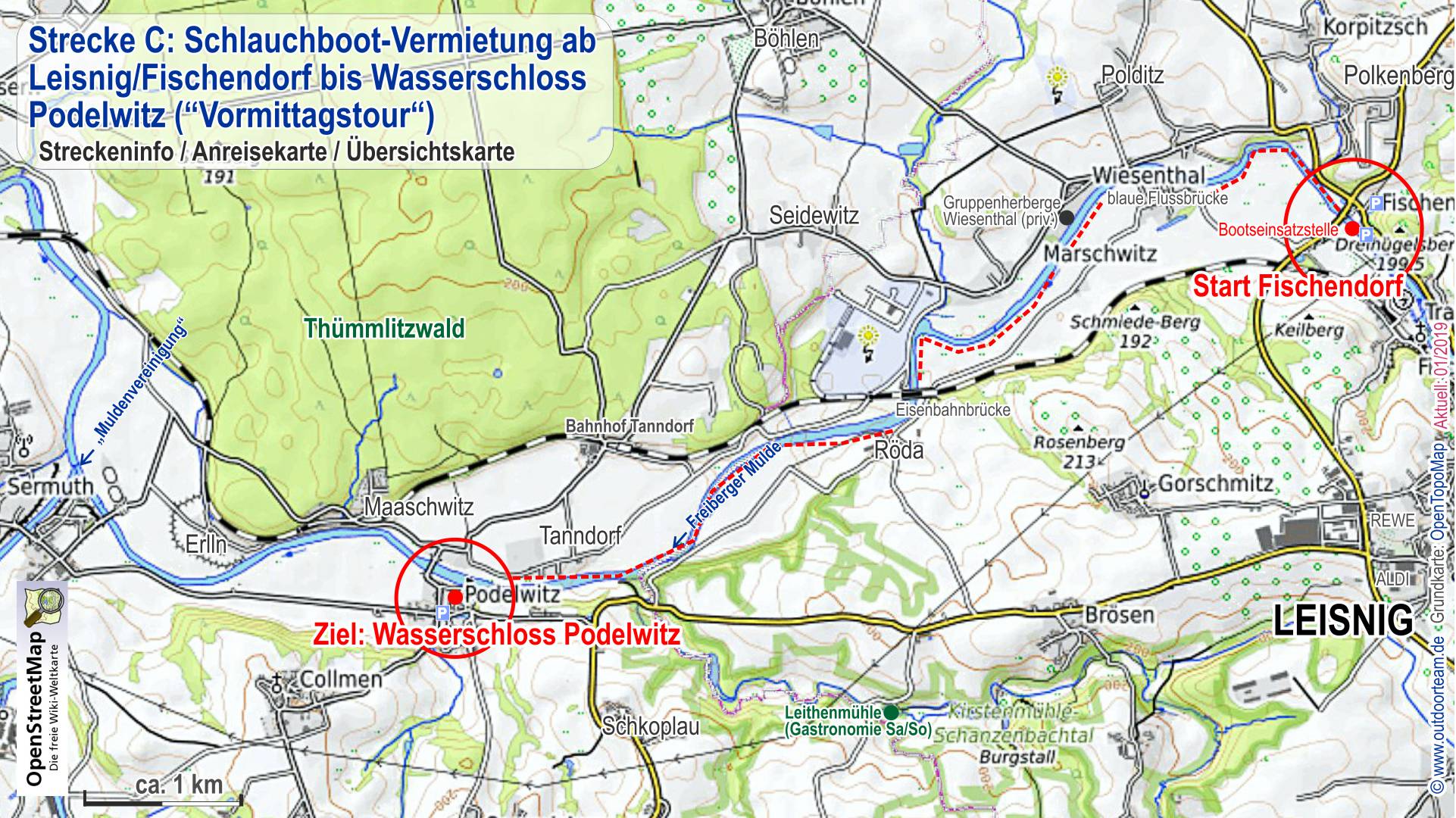 Detailkarte der Schlauchboot- Vermietung Strecke C Leisnig bis Wasserschloss Podelwitz auf der Freiberger Mulde in Sachsen