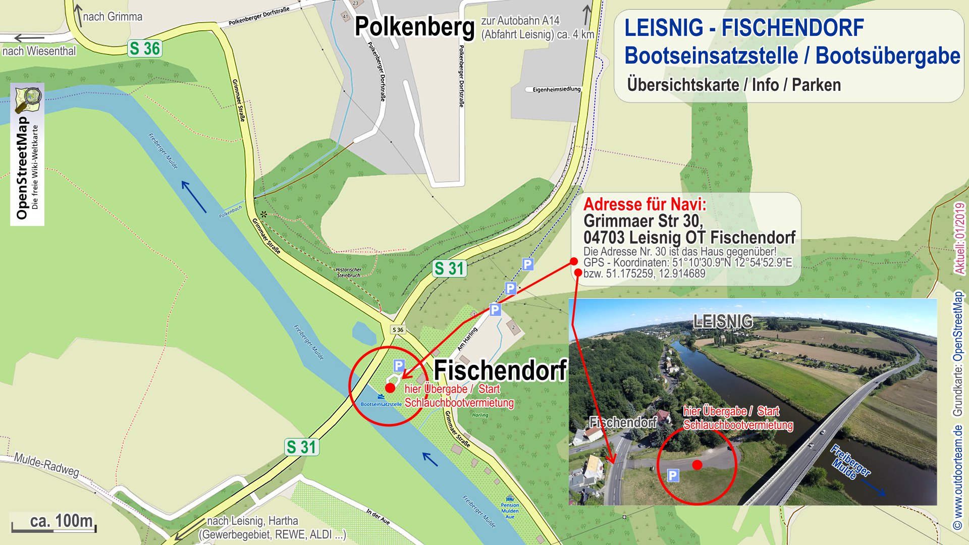 Detailkarte vom Treffpunkt bzw. Bootsausgabe Leisnig Fischendorf (Schlauchboot Vermietung Strecke C)