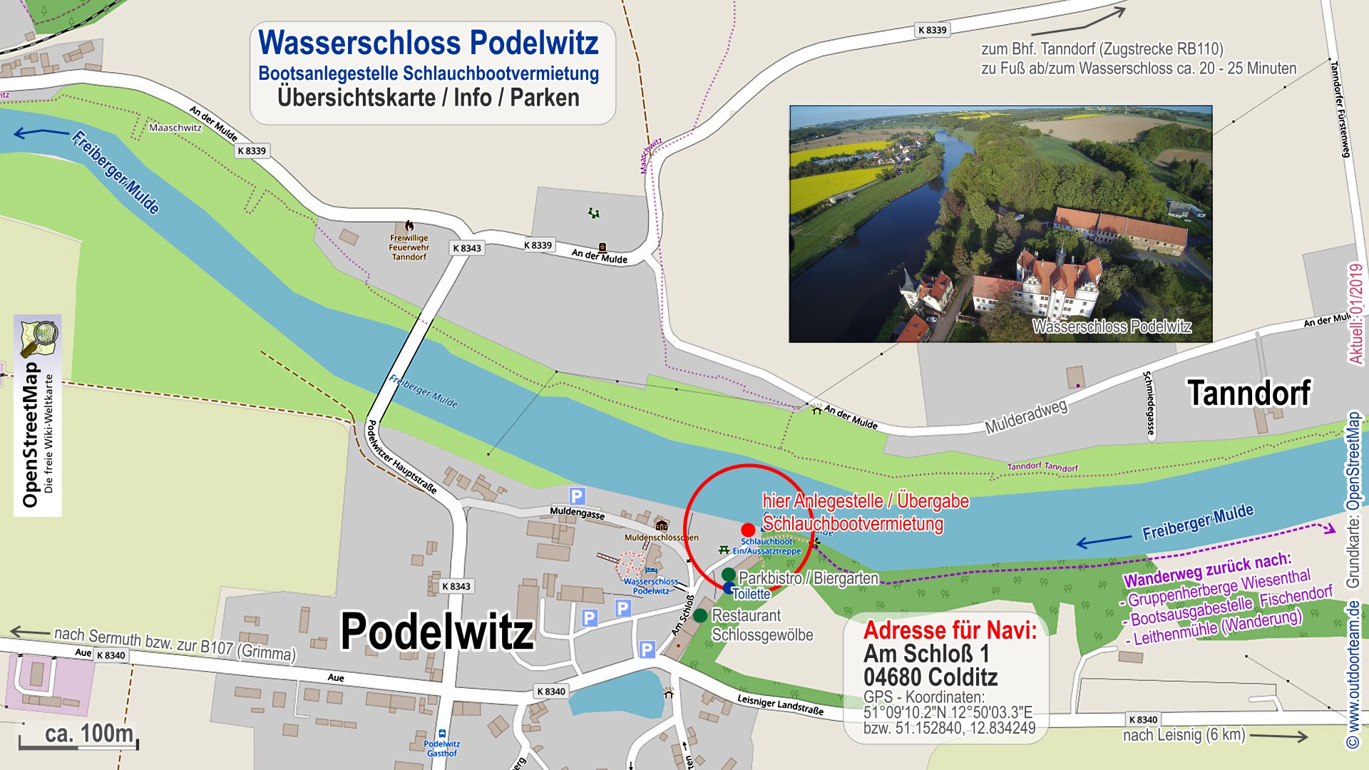 Detailkarte Ortsplan Wasserschloss Podelwitz - Tourende der Strecke "C" Schlauchbootvermietung Strecke von Leisnig bis zum Wasserschloss Podelwitz
