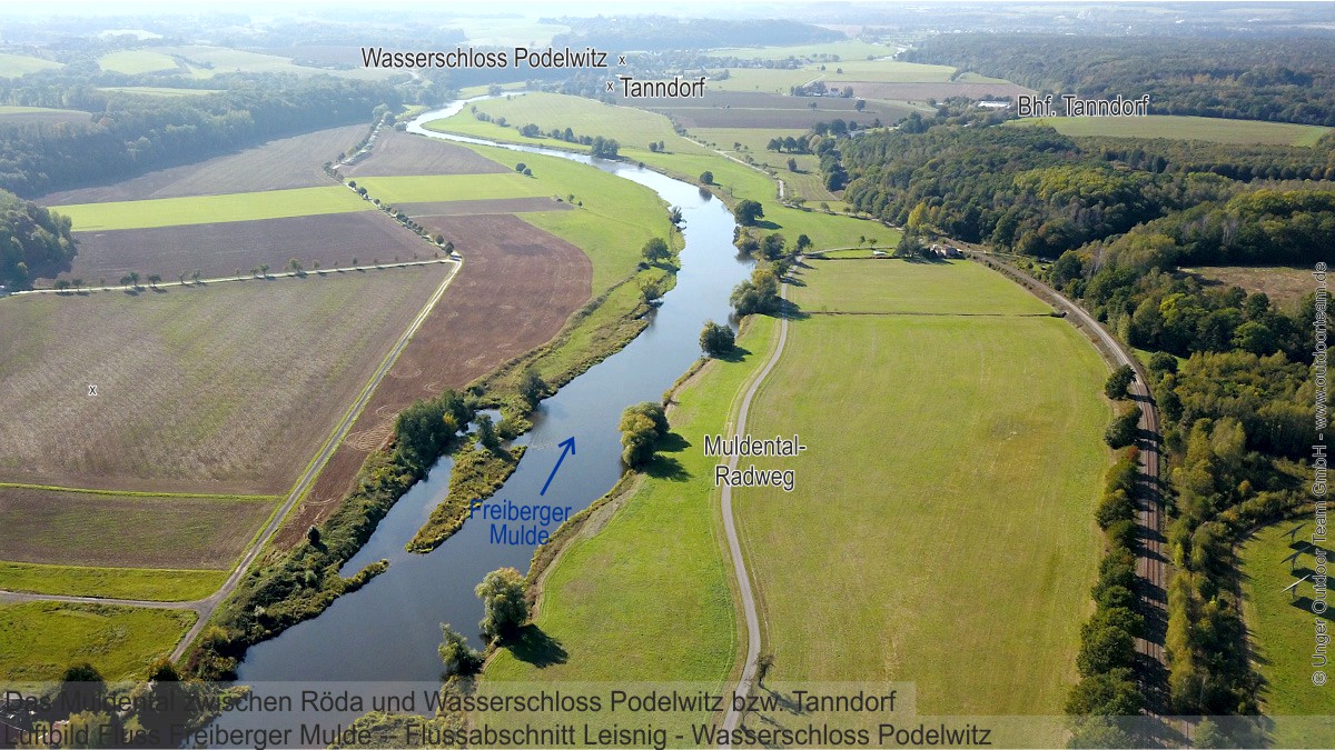 Der Flussverlauf der Freiberger Mulde im Bereich Röda bis Wasserschloss Podelwitz bzw. Tanndorf - Schlauchbootvermietung Strecke "C"
