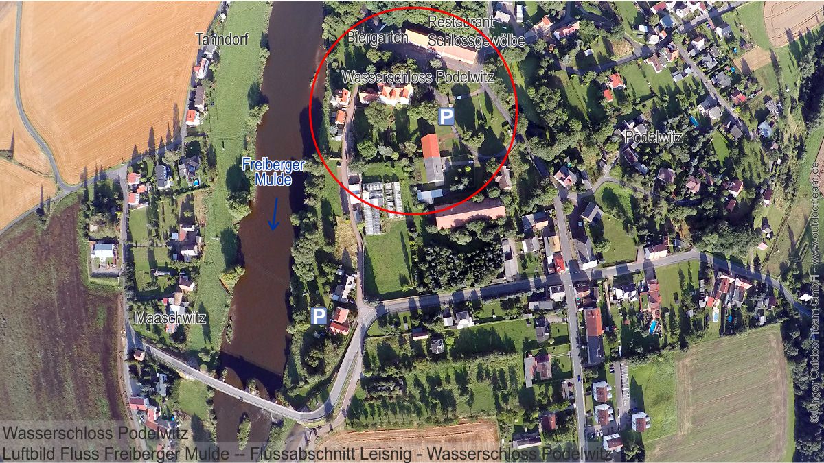 Luftbild vom Etappenziel der Schlauchboot Vermietstrecke C - Wasserschloss Podelwitz an der Freiberger Mulde