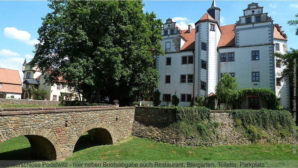 Das Wasserschloß Podelwitz. Etappenziel der Bootstour "C" von Leisnig. Imbiss, Restaurant und das sehenswerte Schloss
