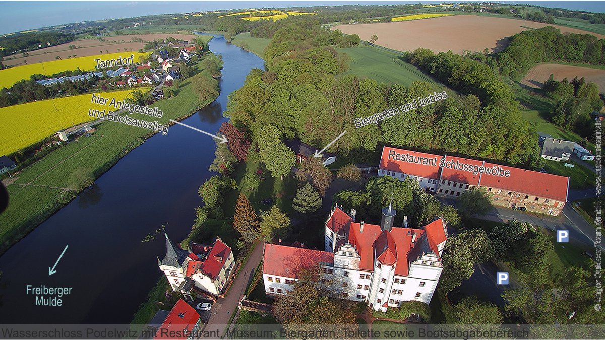 Wasserschloss Podelwitz am Ufer des Flusses Freiberger Mulde - Treff und Tourstart der Schlauchboottour (Strecke D) in Richtung Grimma