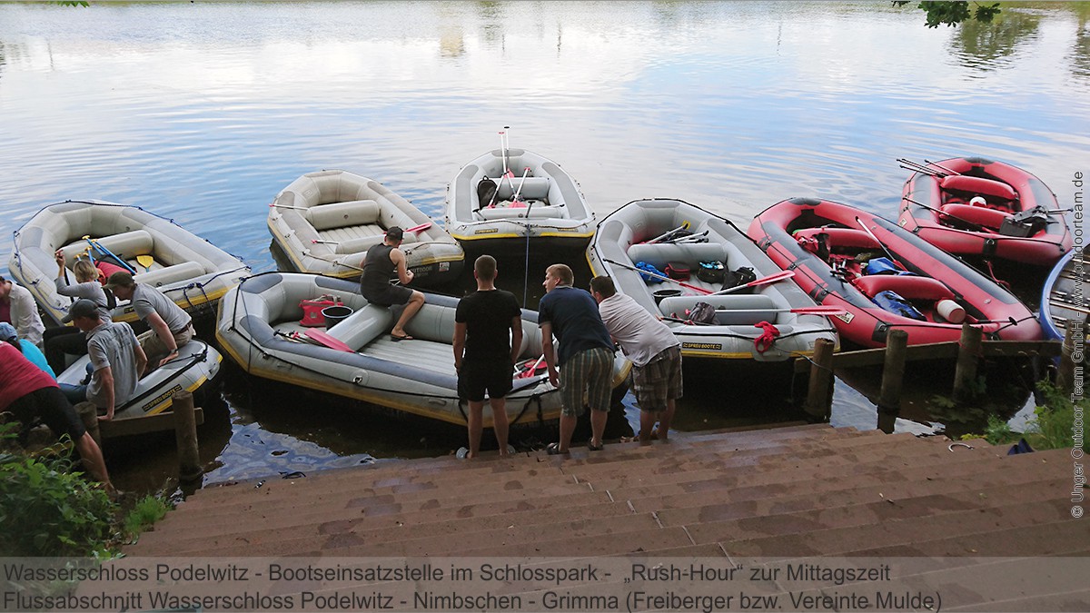 Im Hochsommer und an den Wochenenden herrscht immer viel Andrang an der Bootsanlegestelle Wasserschloss Podelwitz - Schlauchbootvermietung von Unger Outdoor Team GmbH