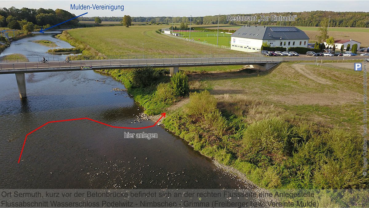 Schlauchbootvermietung Strecke D: Anlegestelle ca. 200m vor der Muldenvereinigung im Ort Sermuth. Rechts zu sehen: die Gastwirtschaft "Zur Eintracht"