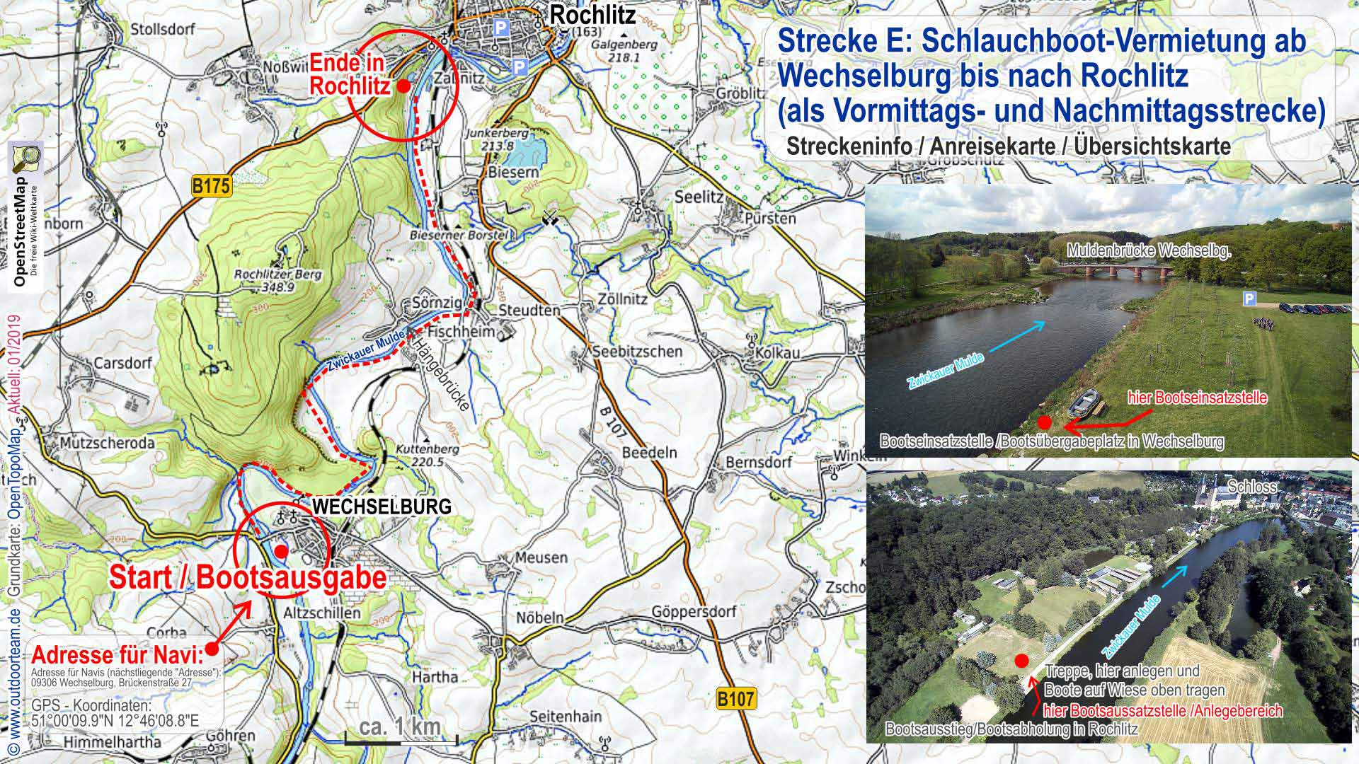 Übersichtskarte / Topografische Karte der Schlauchboot - Vermietung Strecke E von Wechselburg bis Rochlitz