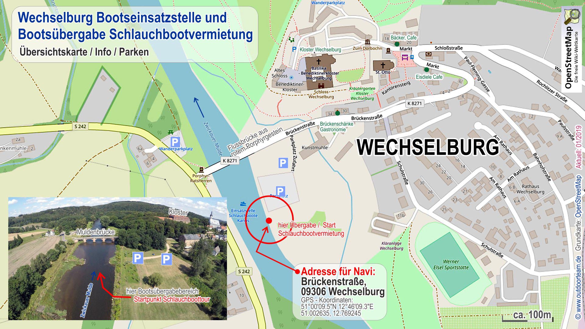 Stadtplan und Detailkarte von der Bootseinsatzstelle und Treffpunkt in Wechselburg (Schlauchbootvermietung Strecke E)