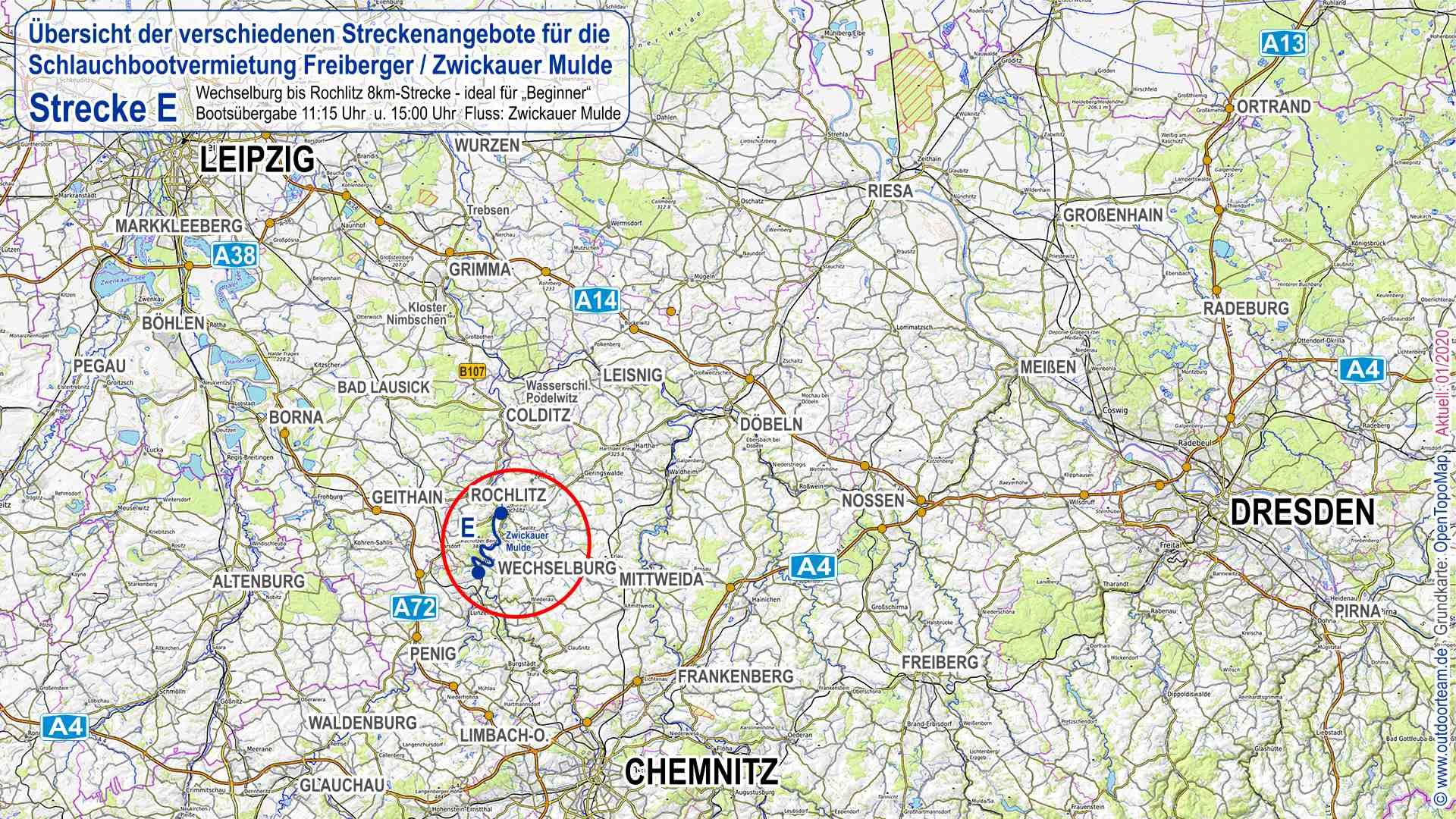 Übersichtskarte Sachsen - rot eingekreist die Schlauchbootvermietung Strecke "E" von Wechselburg nach Rochlitz - Fluss Zwickauer Mulde