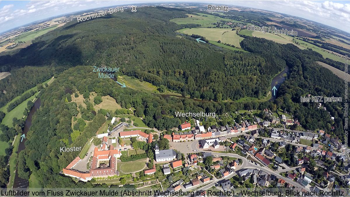 Gut ist im Drohnen-Luftbild der Streckenverlauf des Flusses Zwickauer Mulde zu erkennen. Am Horizont ist das Tourende bzw. die Stadt Rochlitz zu sehen.