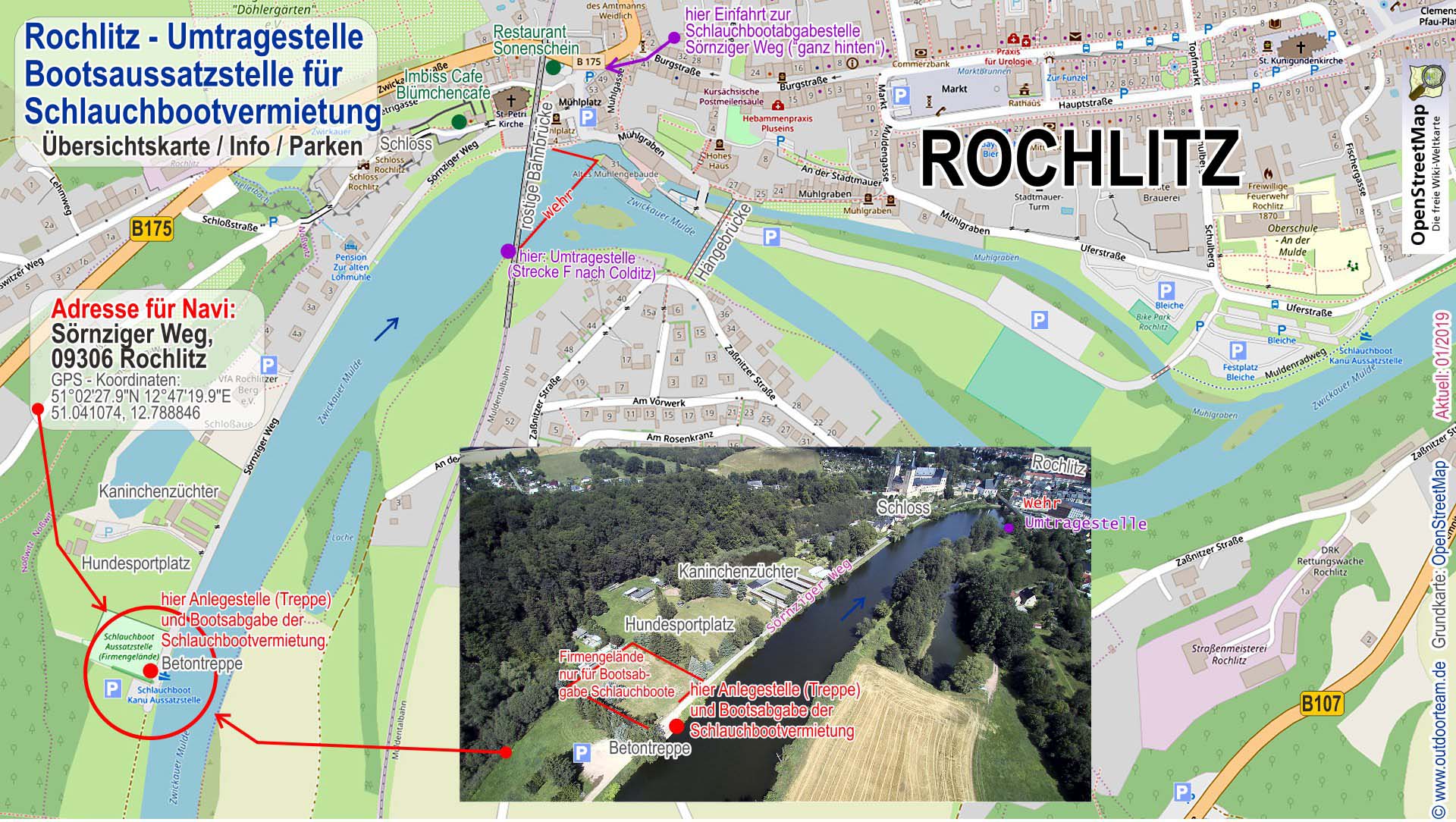 Schlauchbootvermietung Detailkarte Stadt Rochlitz Umtragestelle 1 am Fluss Zwickauer Mulde