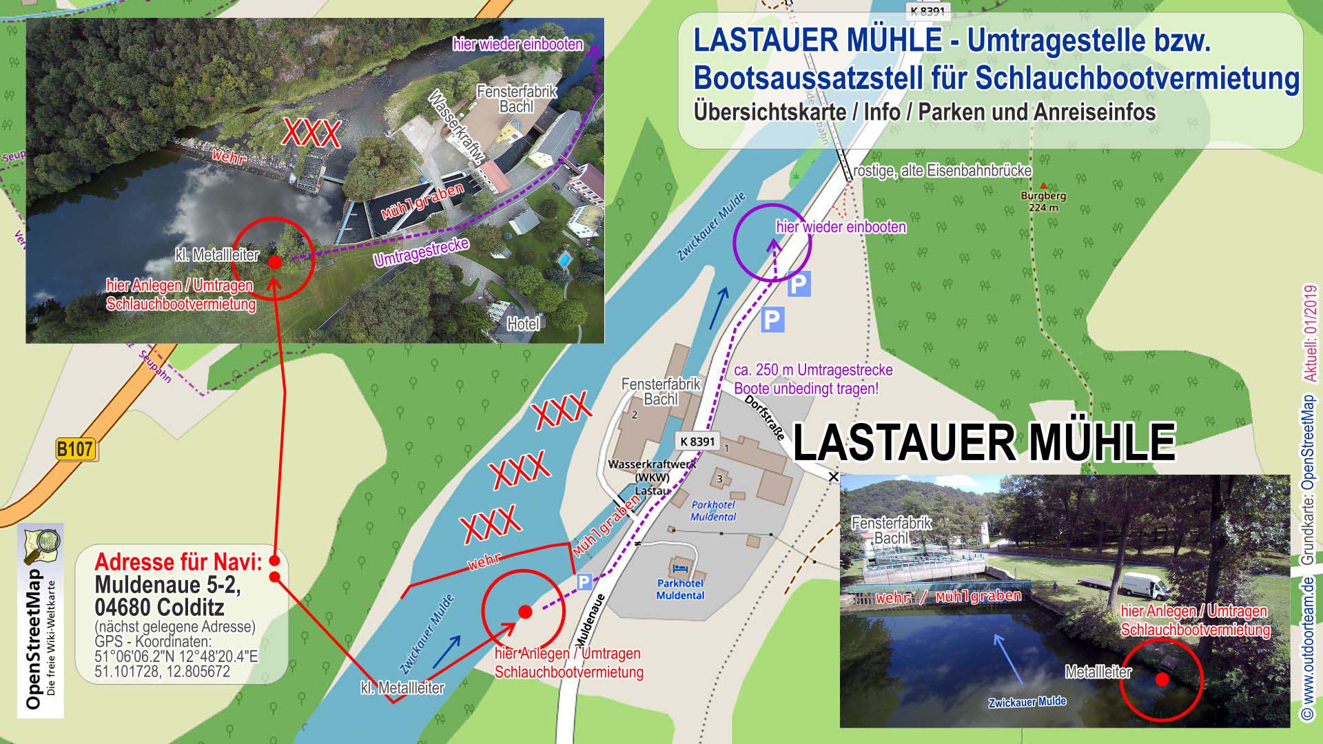 Schlauchbootvermietung Detailkarte Lastauer Mühle Umtragestelle 2 am Fluss Zwickauer Mulde