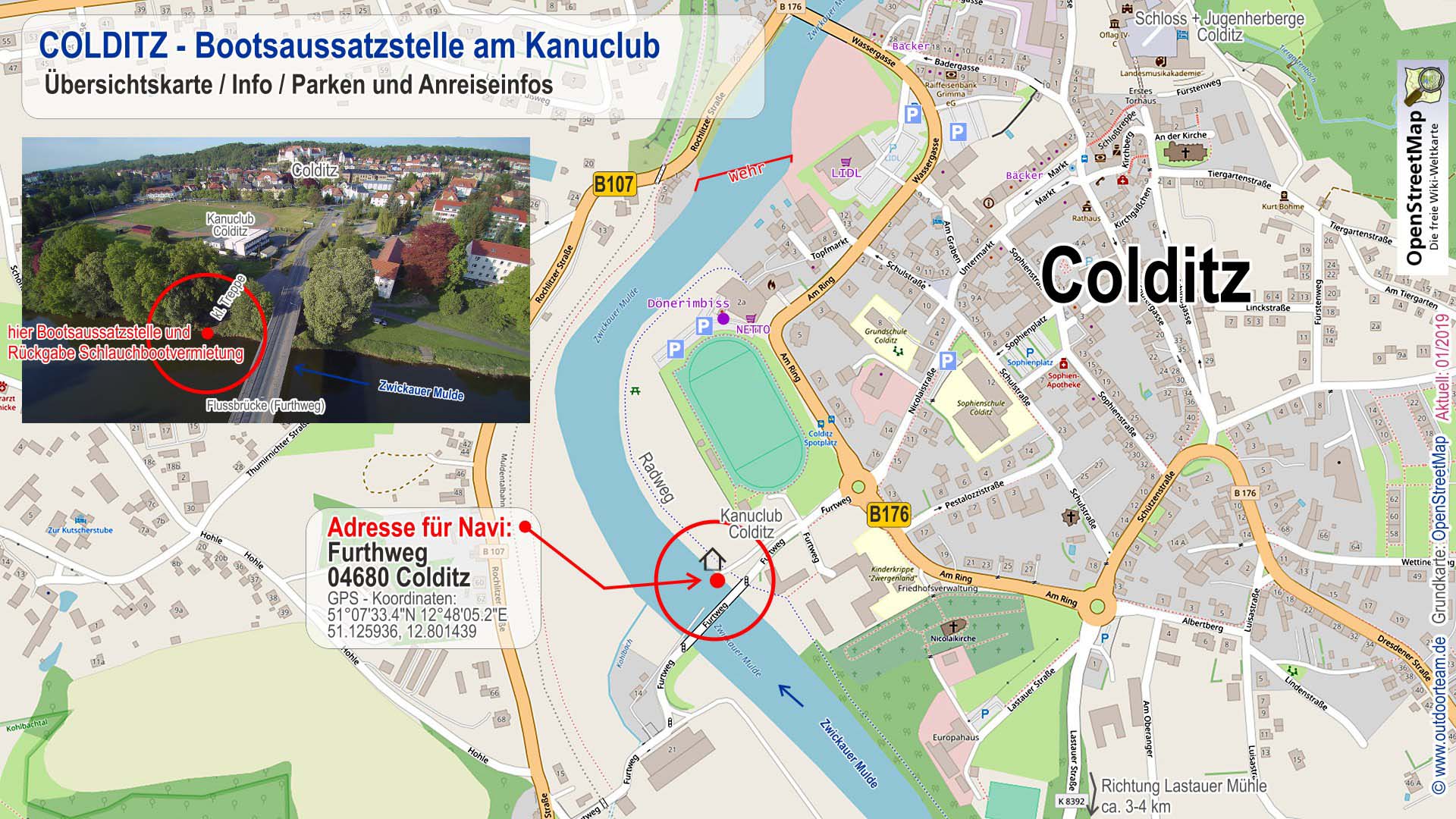 Schlauchbootvermietung Detailkarte Colditz Tourende Lange Strecke "F" auf der Zwickauer Mulde