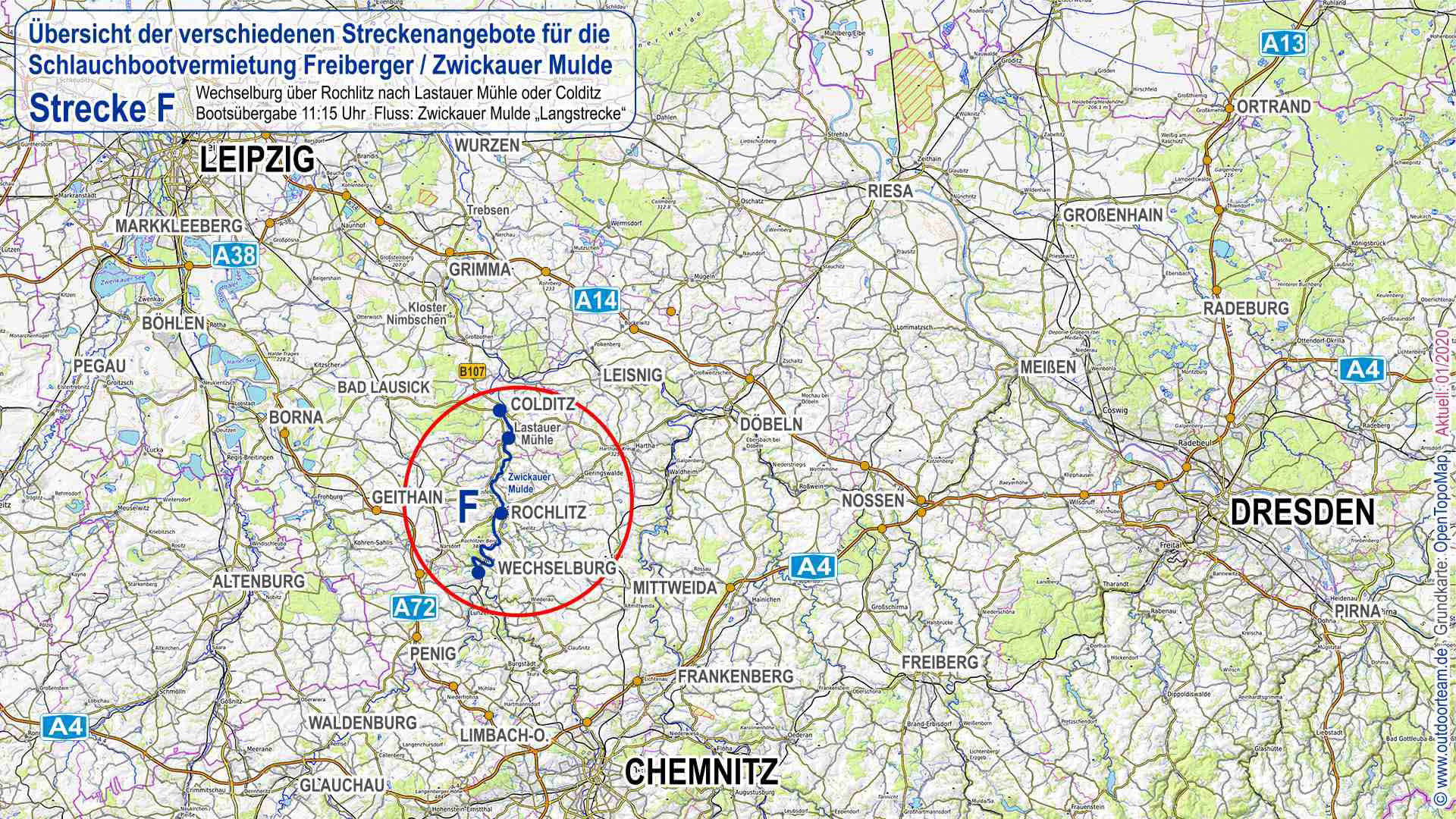 Übersichtskarte der Schlauchbootvermietung Strecke F Wechselburg - Rochlitz bis Lastauer Mühle oder Colditz