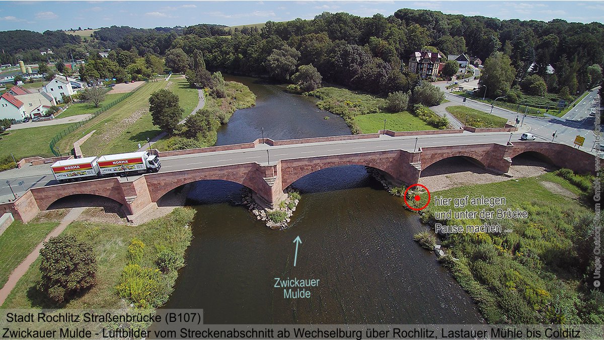 Luftbild Rochlitz, Straßenbrücke B107, hier die letzte Möglichkeit zur Rast bzw. die gastronomischen Möglichkeiten in Rochlitz zu nutzen (Schlauchbootvermietung Mulde, Strecke F)
