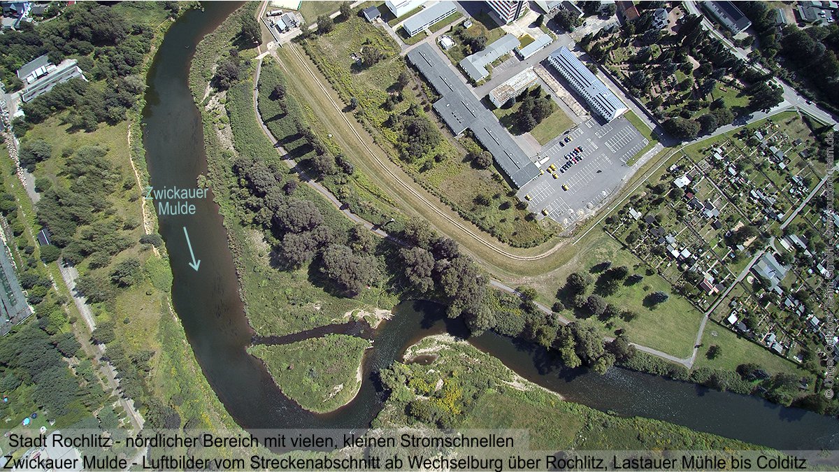 Luftbild Flussverlauf Zwickauer Mulde im Norden der Stadt Rochlitz  - Schlauchbootvermietung Strecke F von Unger Outdoor Team GmbH