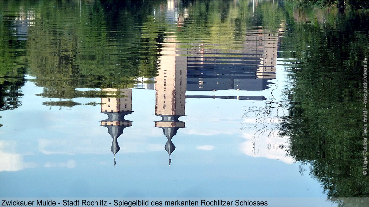 Das Schloss Rochlitz als Spiegelbild im Fluss Zwickauer Mulde. Mit dem Erreichen der Stadt Rochlitz hat man das erste Drittel der Tour bewältigt.