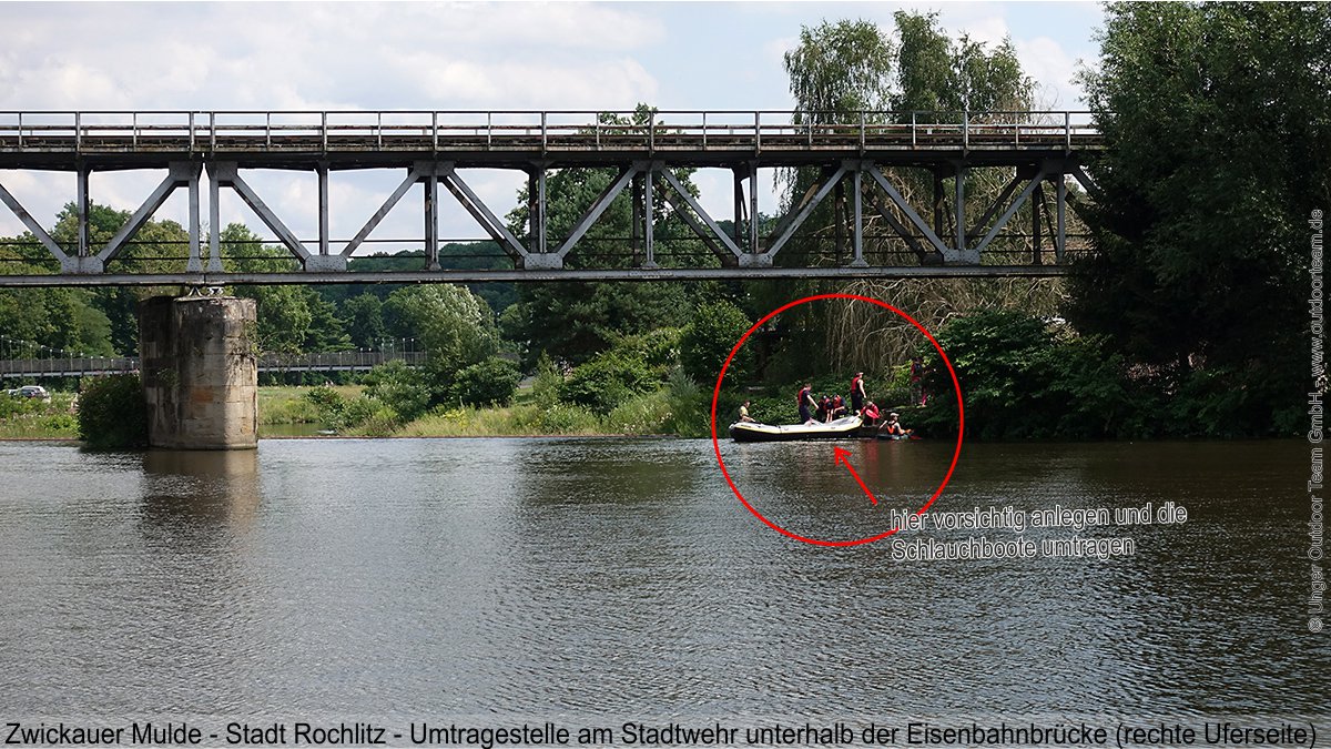 Umtragebereich direkt unter der Bahnbrücke am Rochlitzer Stadtwehr. Direkt an der Wehrkante (in diesem Bereich Vorsicht!) wird an der rechten Uferseite umgetragen.