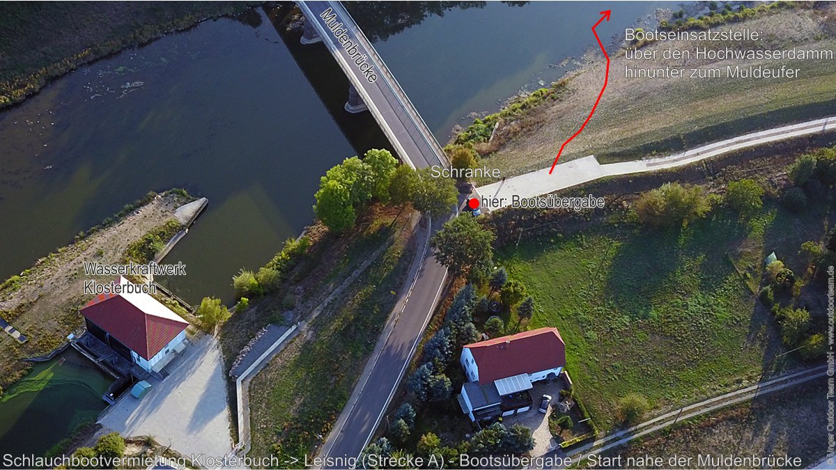 Luftbild Bootsübergabe (roter Punkt) und  Tourstart und Bootseinsatzstelle an der Brücke in Klosterbuch - Strecka A - Fluss: Freiberger Mulde