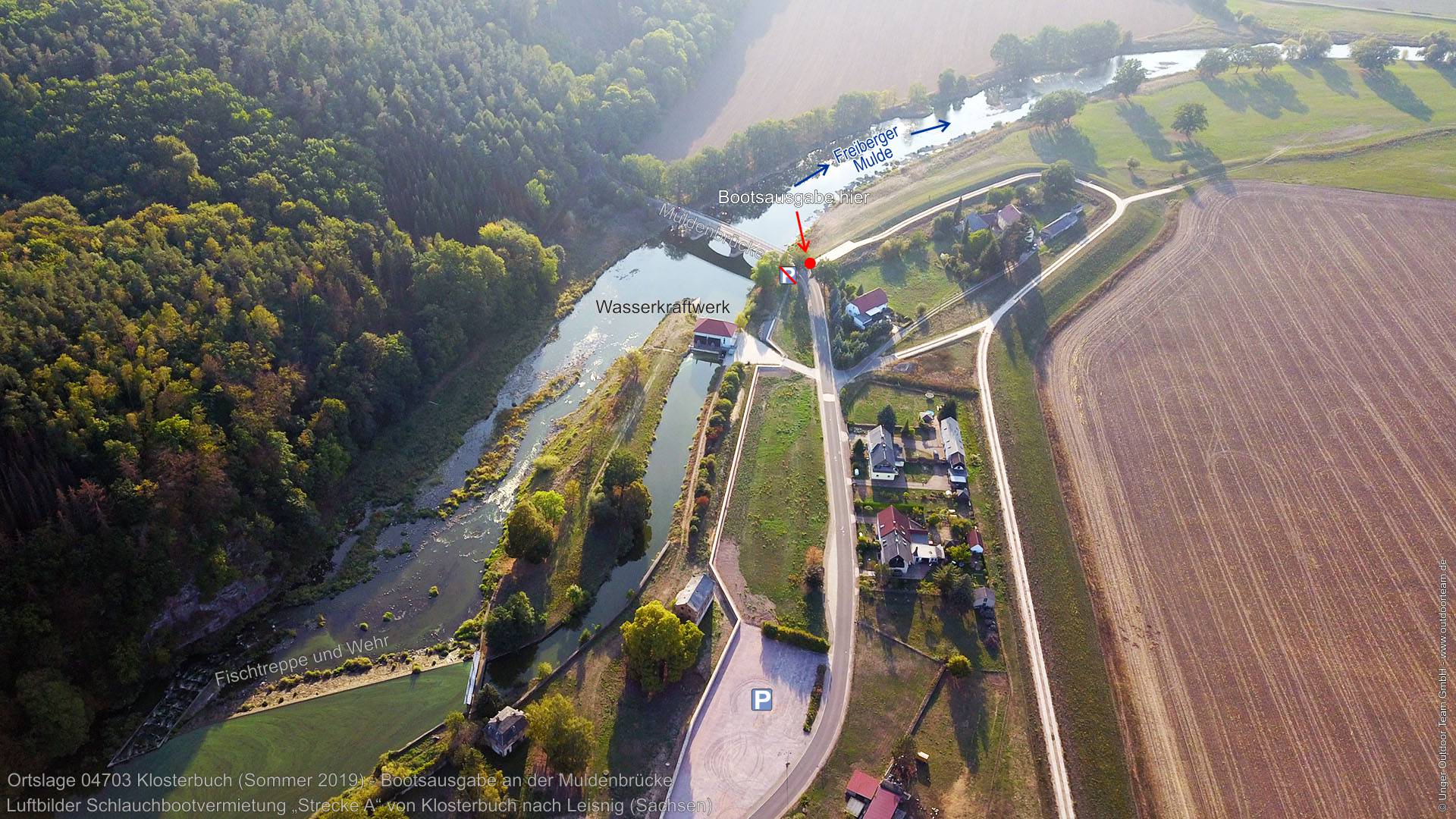 Luftbild  Ort 04703 Klosterbuch an der Freiberger Mulde mit Startpunkt Schlauchbootvermietung Muldenbrücke