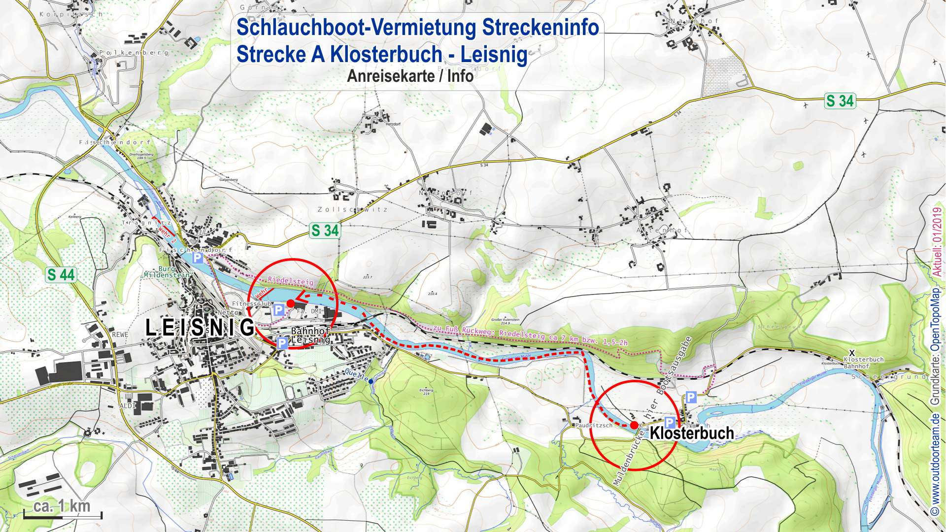 Detailkarte vom Streckenverlauf (A) Klosterbuch bis Leisnig Schlauchbootvermietung Freiberger Mulde