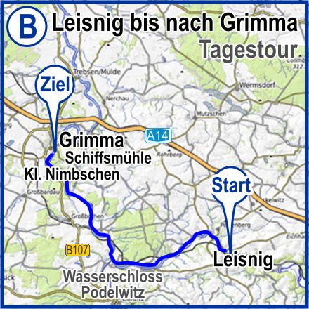 Übersichtskarte der Paddelstrecke B - Flussabschnitt von Leisnig nach Grimma - Tagestour Bootsmiete auf dem Mulde