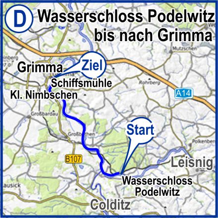 Übersichtskarte Strecke D Bootsvermietung Mulde-Fluss Streckenkarte ab Wasserschloss Podelwitz bis nach Höfgen und Grimma