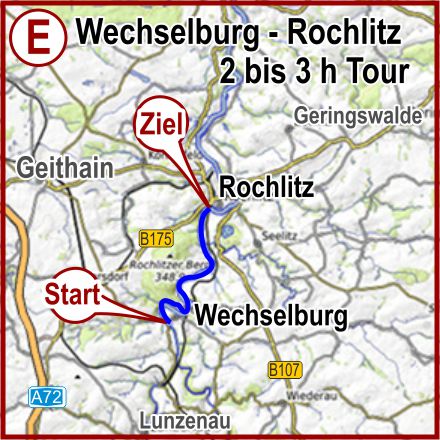 Übersichtskarte Strecke E Bootsvermietung Mulde-Fluss Streckenkarte von Wechselburg nach Rochlitz